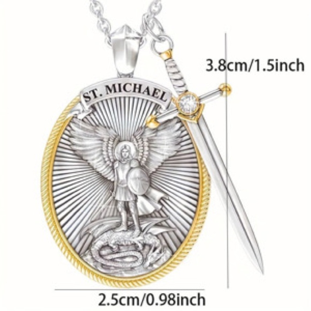 NEW Saint St. Michael Pendant Archangel Pendant Necklace Sword Cross Medal - Picture 4 of 10